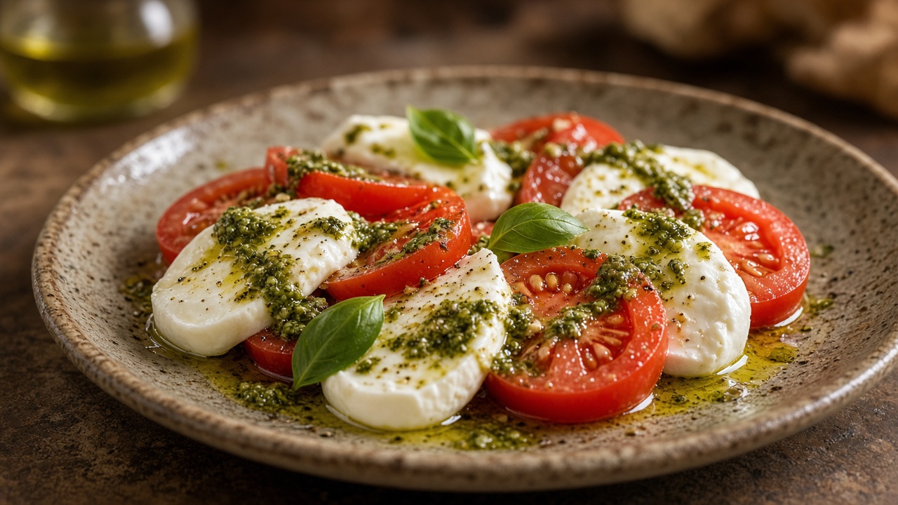 Büffelmozzarella Caprese mit Tomate, Basilikum und Pesto