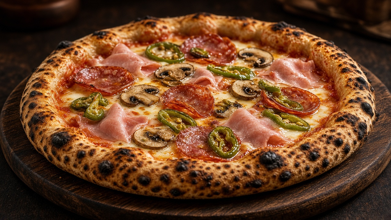 Pizza Fratelli mit Salami, Schinken, Pilzen und Peperoni